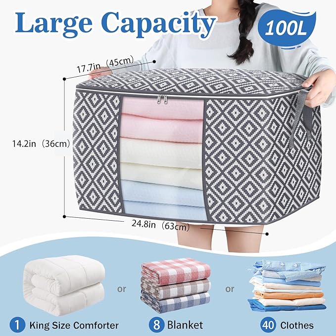 Direct 100L, 6 Pack, Storage Containers, Large Clothes Storage Bins Foldable Organization and Storage Bags with Reinforced Handle, Clear Window for Bedding, Blankets, Clothing, Grey