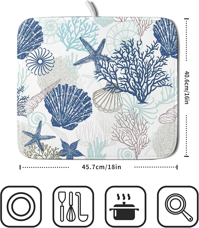 Summer Navy Blue Dish Drying Mat for Kitchen Counter 16×18 Inch Coral Drainer Pad Washable Starfish Dish Rack Pad Drainer Mat Beach Absorbent Reversible Microfiber Dish Drying Pad for Coffee Bar