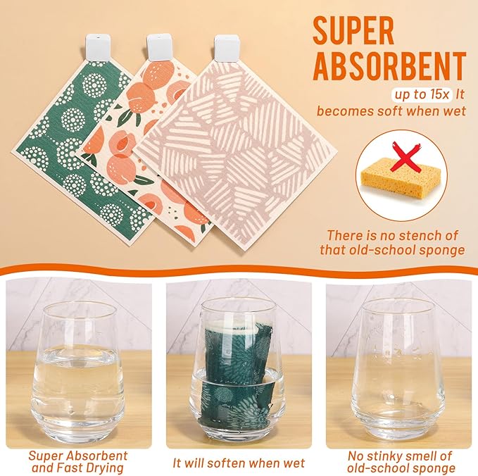 Lucomb 10 Pack Swedish Dishcloths with Hanging Clips, Reusable Swedish Dish Towels Biodegradable Cellulose Cleaning Cloths Washable Dish Wipes for Kitchen Home Office(Quick Drying & Super Absorb)