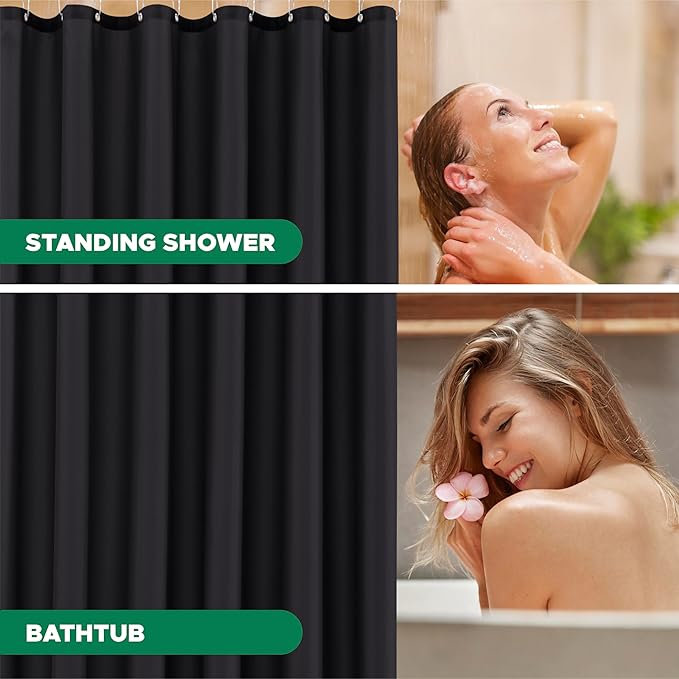 Biscaynebay Fabric Shower Curtain Short Stall Liners 72" Width by 65" Length, Black Water Resistant Bathroom Curtains, Rust Resistant Grommets Top Weighted Bottom Machine Washable