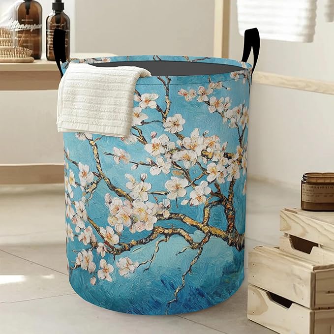 Laundry Basket,Vintage Apricot Tree Flowers Large Canvas Fabric Lightweight Storage Hamper Organizer Dirty Clothes Collapsible Waterproof for College Dorms,Bathroom