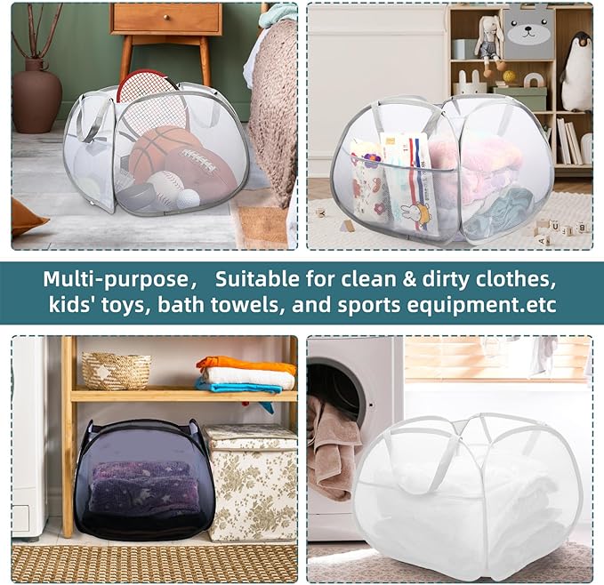 Bemkoo Collapsible Laundry Basket, 90L Large Foldable Mesh Pop Up Hamper for Laundry, Dirty Clothes, Bedroom, Bathroom, Dorm, Laundry Room, Travel, Camping, White
