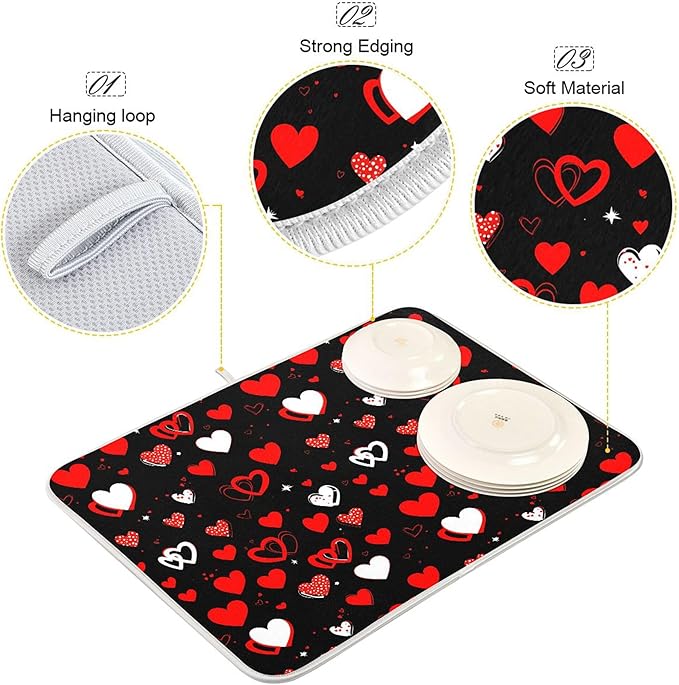 Black Love Heart Dish Drying Mat for Kitchen Countertop 18x24 Happy Valentine's Day Large Drying Mat Reusable Quick Dry Dish Sink Mats Easy Clean Decorative Essentials