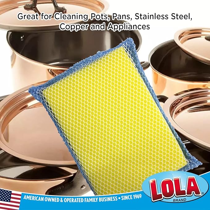 LOLA Microfiber Terry & Nylon Net Sponge Scrubber Pad, 12 Pack, Non Scratch 2-Way Cleaning, Gently Scrubs & Wipes Clean