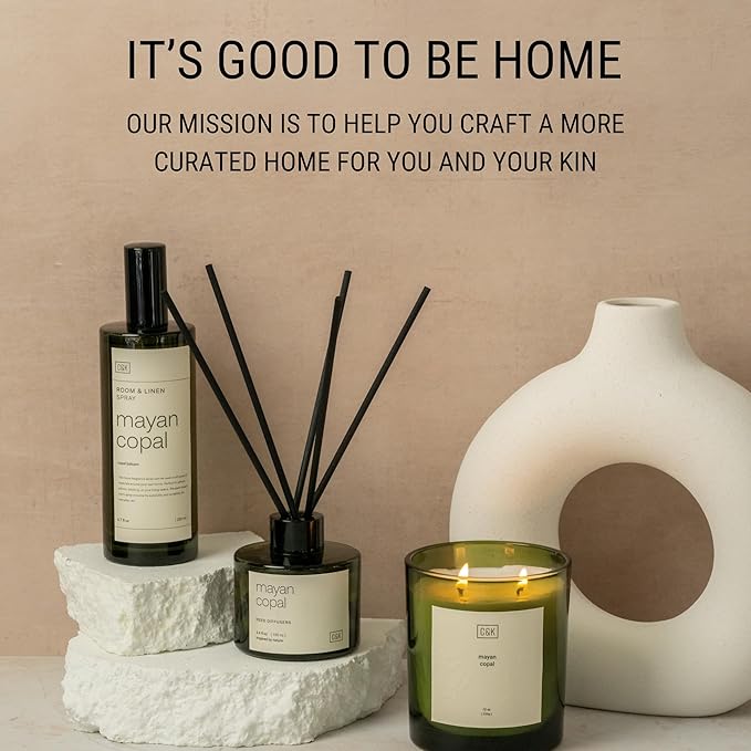 Craft & Kin Mayan Copal Reed Diffuser | All Natural Essential Oil & Rattan Scent Sticks | Winter Reed Diffusers for Home, Bathroom | Long Lasting Home Fragrance in Green Glass, 3.4oz