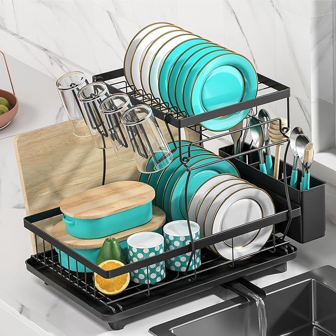 MERRYBOX Dish Drying Rack Large Capacity 2 Tier Dish Drying Rack Multifunctional Rustproof Dish Racks for Kitchen Counter with Large Utensil Holder, Cup Holder, Black
