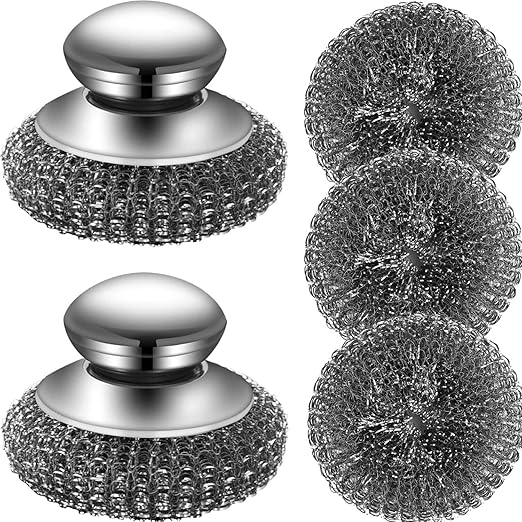 Steel Wool Scrubber with 2 Handles & 3 Replacement Wire Sponge(Scouring Pads) - Stainless Metal Cleaner Heavy Duty Brush for Pots, Pans, Cast Iron, Grill, Sink, Dishes, Stove, Kitchen Deep Clean
