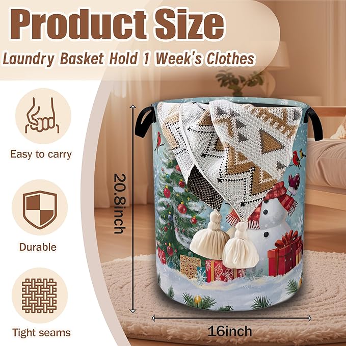 Christmas Laundry Baskets,Cute Snowman Laundry Hamper,Storage Basket with Handles for Bathroom Bedroom College Dormitory Living Room Nursery Organizer 16"x20.8"