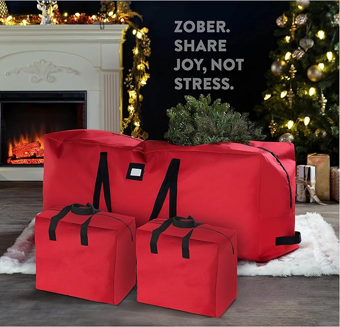 ZOBER Christmas Tree Storage Bag - With 2 Ornaments Accessories/Garland Bags - Fits 9 Ft Trees - 600D Oxford Fabric Christmas Tree Bag For Storage Box For Xmas - Strong, Durable Handles - Red