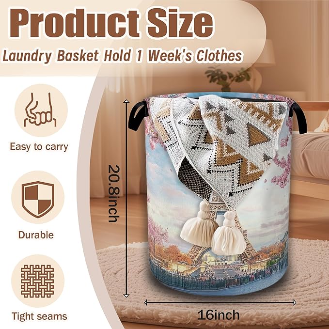 Eiffel Tower Laundry Basket,Cherry Blossom Laundry Hamper Waterproof Oxford Cloth Tote Collapsible,Clothes Storage Bucket Decorative Toy Organizer For Bathroom Bedroom 16" x 20.8"