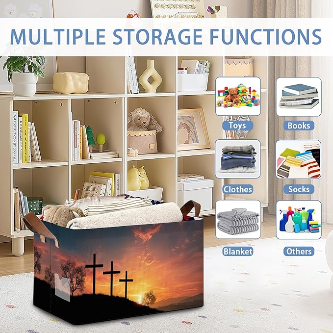 Cross Sunset Storage Basket,Collapsible Storage Bin Cubes for Living Room Bedroom Blankets Home Storage 17x11.5x10Inch