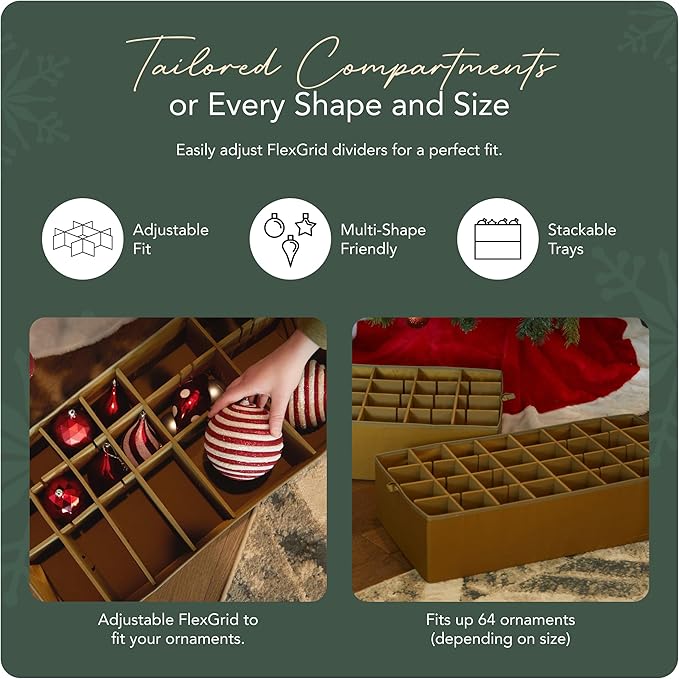 Covermates Keepsakes Adjustable Ornament Storage Bag – Heavy-Duty Polyester, Padded Dividers & FlexGrid Trays – Protective Holiday Ornament Organizer with Handles & Label Window, Green