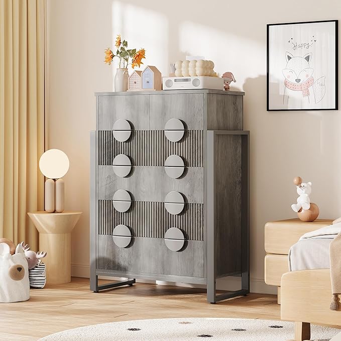 Fluted Dresser for Bedroom with 6 Drawers, 44.5" Tall Chest of Drawers with Raised H Legs and Curved Profile Design, Wood Closet Clothes Storage Organizer for Bedroom, Hallway, Grey