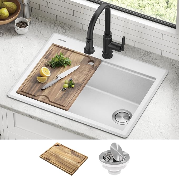 KRAUS Bellucci 28-inch Granite Workstation Drop In Top Mount Single Bowl Kitchen Sink in White with Accessories, KGTW12-28WH