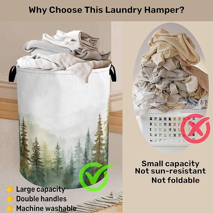 Misty Forest Green Foldable Laundry Hamper - Waterproof Fabric Storage Basket with Handles, Clothes Hampers for Laundry,Bedroom,Dorm