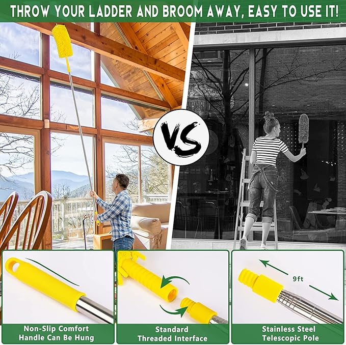 17FT Extendable Duster with 2-9 ft Extension Pole for High Ceilings, Newliton Cobweb Duster for Ceiling Fans Hard-to-Reach Areas, Long Handle Microfiber Dusting Tool for Home Cleaning