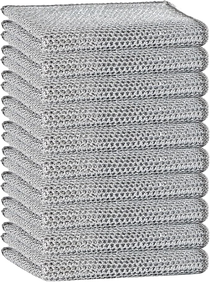 Reuseable Cleaning Cloth,Soft Wire Dishwashing Rags ,Double layer multi-purpose anti-scratch steel wire multi-purpose cleaning cloth,Suitable for tableware, metal,kitchen,home,office (10-Silver)