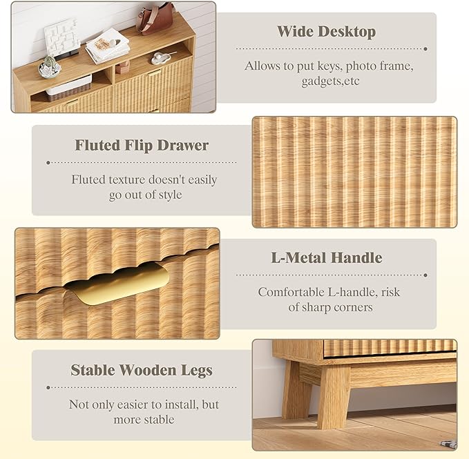 Shoe Cabinet Storage for Entryway with 4 Flip Drawers, Fluted Narrow Shoe Organizer with Wooden Legs & Top Cubby, Freestanding Slim Shoe Storage Hidden Shoe Rack for Front Door Entrance, Oak