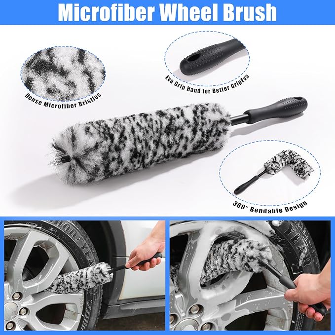 AUTODECO Car Detailing Kit, Car Detailing Brush Set with Wash Mop, Bendable Car Wheel Rim Cleaner Brush Set, Car Detailing Brushes, Car Wash Cleaning Tools Kit for Interior, Exterior, Wheels, Blue