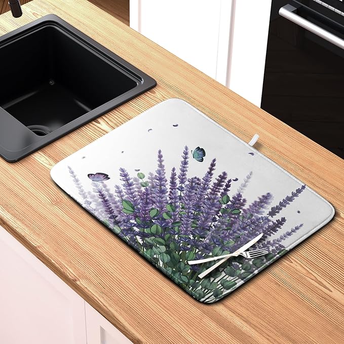 Kwlegh Purple Lavender Dish Drying Mat for Kitchen Counter Spring Summer Floral Microfiber Dish Drainer Mats Green Leaves Butterfly Absorbent Reversible Dish Drainer Rack Mat 16x18 Inch