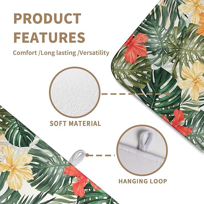 Wnoesat Tropical Palm Leaves Dish Drying Mat for Kitchen Counter Watercolor Flowers Leaf Drying Mat Dish Pads Reversible Absorbent Microfiber Dish Drainer Rack Mat for Countertop 18x24 Inch