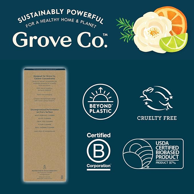 Grove Co. Glass Spray Bottles for Cleaning Solutions, 2-Pack Bundle, Unique Silicone Sleeve Slide & Snap Custom Label, Refillable Spray Bottle, Made from Recycled Glass, 2 x 16 oz