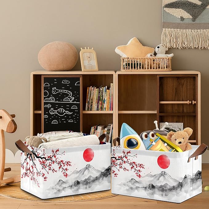 Cherry Blossom Collapsible Storage Box,Red Sun Japan Organizer Bin with Handles for Room Decoration,Bins Book Basket Box 17x11.5x10Inch