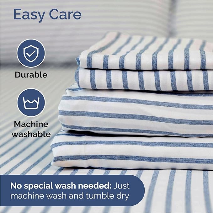 Queen 6 Piece Sheet Set - Comfy Breathable & Cooling - Soft Hotel Luxury Bedding Set with 8-16 Inch Deep Pockets - 1 Flat & 1 Fitted Sheet & 4 Pillowcases - Wrinkle Free & Easy Care - Blue Stripes 2