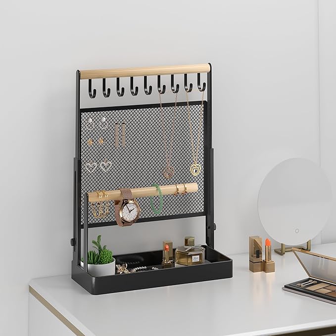 IOAIANIA Jewelry Organizer Stand, Liftable Necklace Holder with Earring Organizer Net, 9 Hooks Necklaces Storage Wooden Handing Bar for Bracelets Watches Rings (Black)