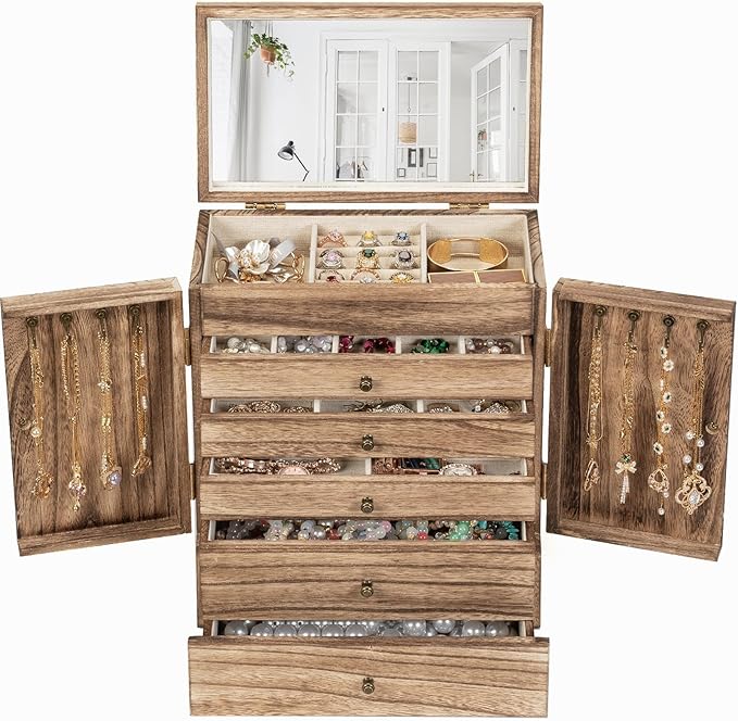Emfogo Wooden Jewelry Box for Women, 6-Tier Large Jewelry Organizer Boxes with Mirror Rustic Solid Wood jewlery Storage Display for Rings Earrings Necklaces Bracelets watches(Carbonized Black)