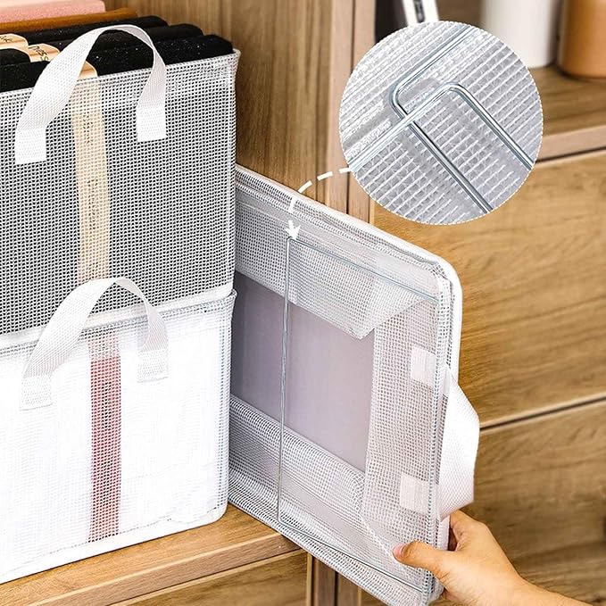 4PCS Closet Clothes Organizer Dustproof Sturdy Storage Baskets Bins 26L Foldable Shelf Containers Bin Support Boards Dust Lid Steel Frame for Sweater Pants T-shirt Dress (Clear - No Lid)