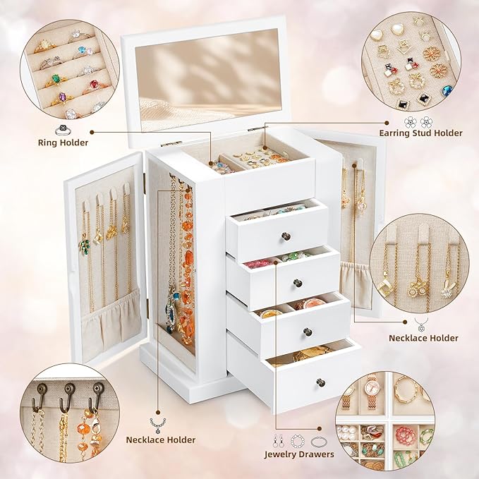 Emfogo Jewelry Box for Women, 5 Layer Large Wood Jewelry Boxes & Organizers for Necklaces Earrings Rings Bracelets, Rustic Jewelry Organizer Box with Drawers and Mirror (Vintage White)