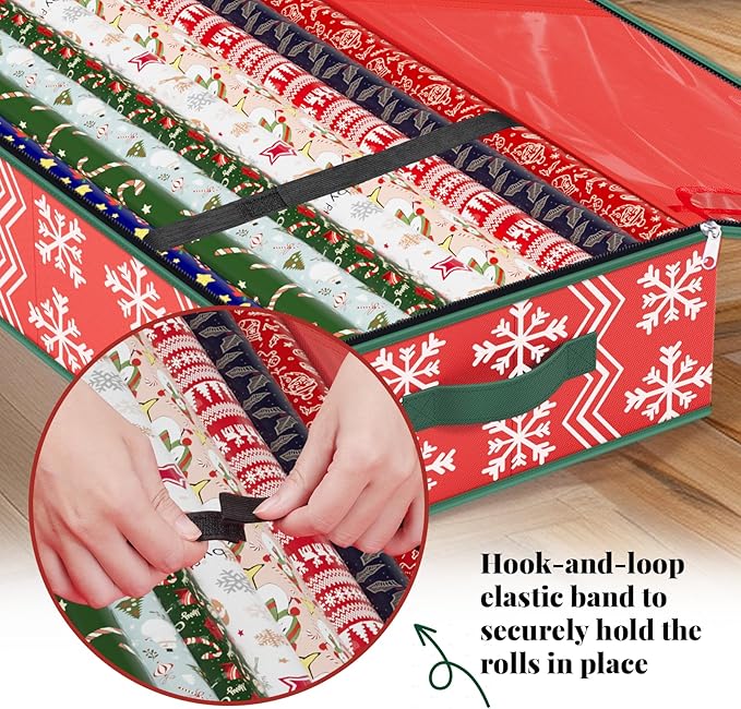 StorageRight Wrapping Paper Organizer Storage Container, Christmas Gift Wrapping Paper Storage Box for Paper Ornaments，Paper Storage Holder for Holiday Decoration Wave/Red