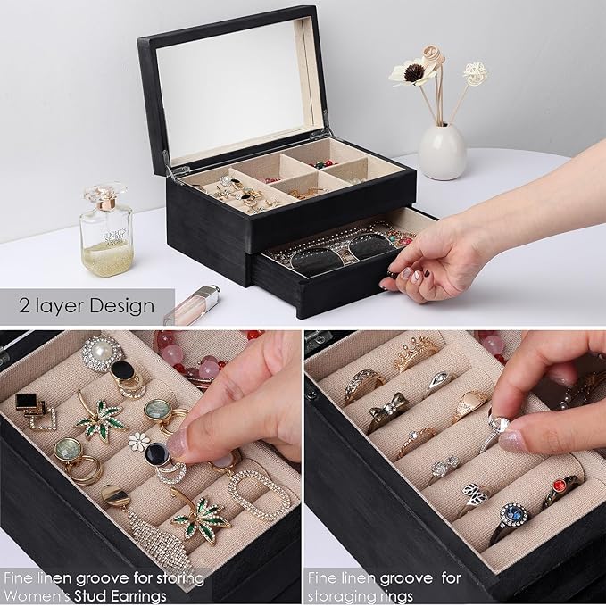 Meangood Jewelry Box Organizer for Women, 2 Layer Large Jewelry Storage Case, Rustic Wooden Jewelry Box with Mirror & Ring Tray for Necklace Earring Bracelets Rings, Vintage Style (Black)