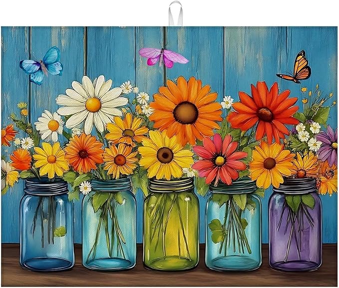 Dish Drying Mat For Kitchen Counter, Vintage Daisy Flower Microfiber Absorbent Dish Drainer Rack Pad Reusable Large 18x24in Drying Mat