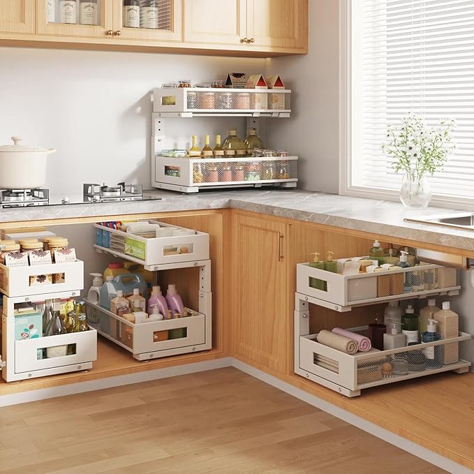 1 Pack 17IN Depth Under Sink Organizer, 2-Tier Pull Out Cabinet Organizer With Smooth Circular Rail, Large Capacity Metal Mesh Sliding Drawers For Bathroom& Kitchen Storage,Height Adjustable –White