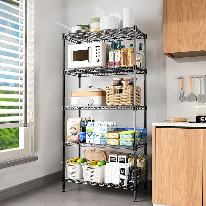 RackBro 72" H Storage Shelves 5 Tier Wire Shelving with Shelf Liners, Adjustable Metal Garage Shelving, 1325LBS Heavy Duty Commercial Storage Rack for Pantry Kitchen, 35" W x 16" D x 72" H, Black