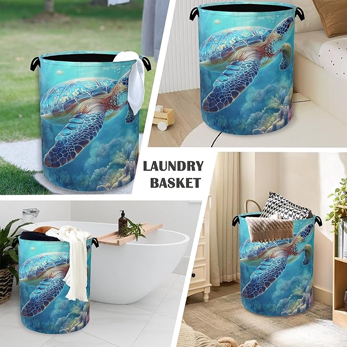SeaTurtle Ocean Laundry Hamper,Coral Dirty Clothes Laundry Basket with Handles Waterproof Oxford Cloth Storage Basket for College Dorms Bathroom Bedroom 16" x 20.8"