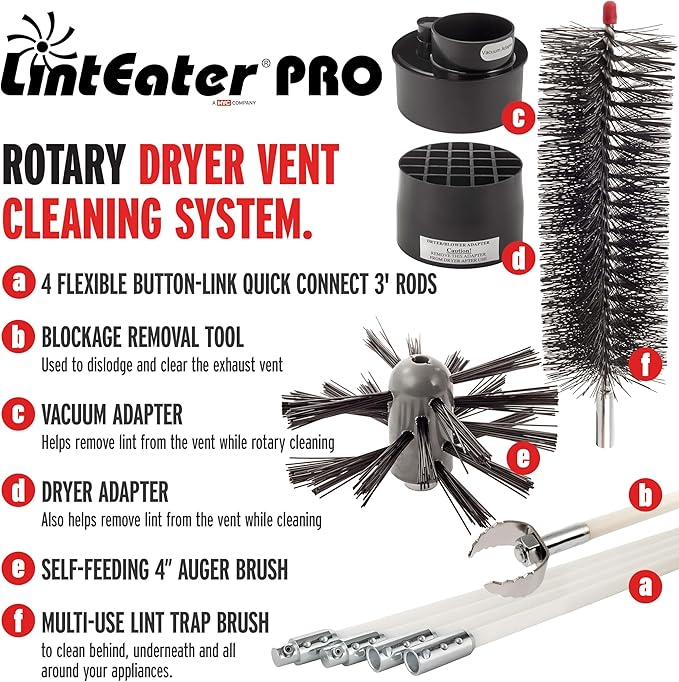 Dryer Vent Duct Cleaning Kit - Gardus RLE208 LintEater Pro Rotary Dryer Vent Cleaner Kit, Removes Lint, Extends Up to 12’, Dryer Duct Cleaning Kit, Forward & Reverse Cleaning, Air Duct Cleaning Tools