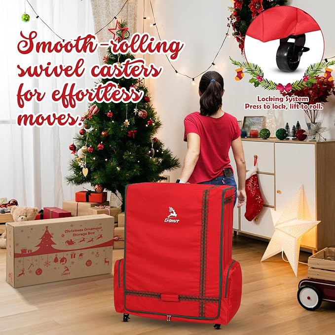 Rolling Christmas Ornament Storage Box - 120Pc Steel-Frame Decor Organizer Chest with Adjustable Dividers, Removable Trays & Side Pockets | Large Holiday Decoration Container on Wheels
