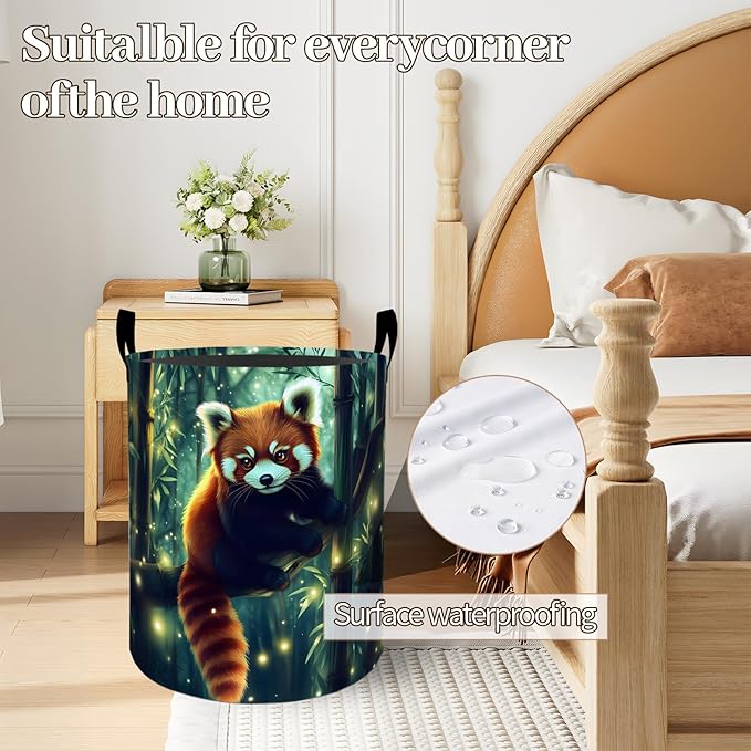 Enchanted Red Panda in Forest Laundry Basket 19.7"x15.7", Collapsible Dirty Clothes Waterproof Cute Animal Laundry Hamper Organizer Toy Storage Bin for Dorm Nursery Bathroom Decor