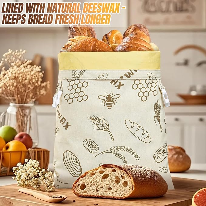 2 Pack Reusable Beeswax Storage Bags – Sourdough Bread Bags for Homemade Organic Cotton Waxed Food Bags for Freezer & Refrigerator Safe, Eco-Friendly Reusable Wraps to Keep Baked Goods Fresh Longer