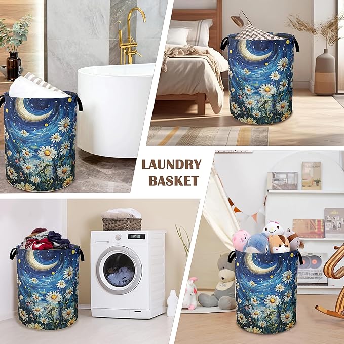 Watercolor Flowers Laundry Basket,Night Starry Sky Collapsible Laundry Baskets with Handles,Waterproof Oxford Cloth Storage Basket 16"x20" for Bathroom/Bedroom/Dormitories