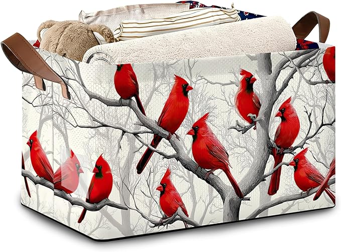 Red Cardinal Storage Basket with Handles,Winter Collapsible Rectangle Organizer Bin for Room Decoration Books Box Baskets 17x11.5x10Inch