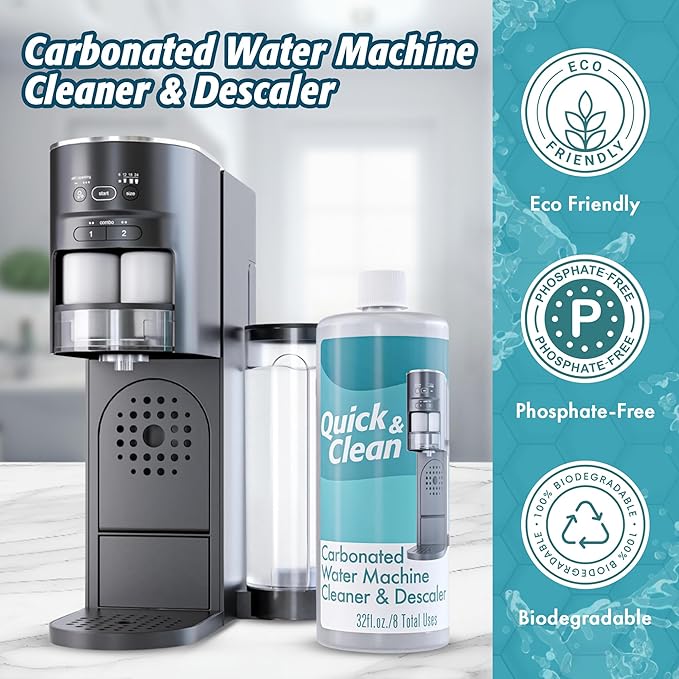 Quick & Clean 32oz. Carbonated Water Machine Cleaner & Descaler - Made in the USA - Compatible with At-Home Carbonated Water Machines - Removes Mineral & Limescale Buildup