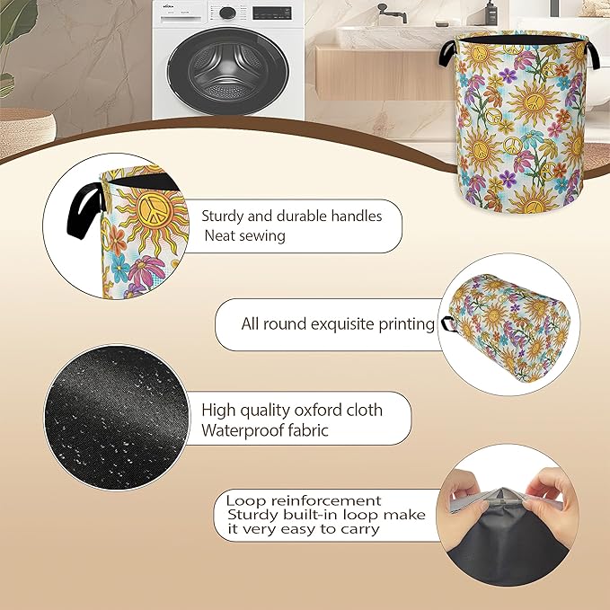 Collapsible Laundry Basket,Vintage Peace Symbol Dirty Clothes Hamper,Hippie Flower Hampers for Bedroom Waterproof Oxford Cloth Storage Organizer for Bathroom,Nursery,Dorm,16x20 Inch