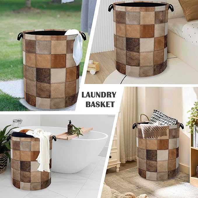 Vintage Cowhide Laundry Basket,Oxford Cloth Laundry Hamper with Handle Foldable Portable Clothes Storage Basket for Bathroom Bedroom Dorm Room 16" x 20.8"