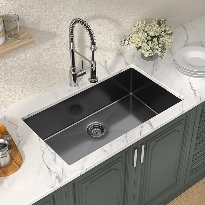 Lordear 33 Inch Black Stainless Steel Sink Undermount Kitchen Sink T304 16 Gauge 33x19 Inch Single Bowl Sink Handmade, Gunmetal Black 33x19x10 Inch, Handmade