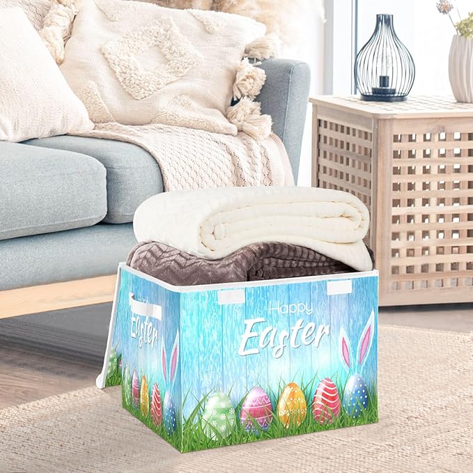 Easter Baskets Collapsible Storage Bins with Lids, Happy Easter Bunny Eggs Storage Boxes Clothes Baskets for Organizing