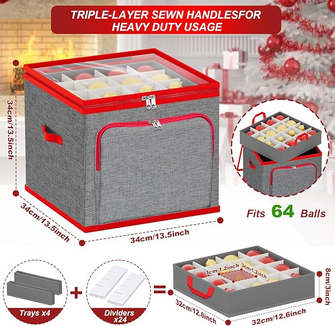VERONLY Ornament Storage Box with Dividers, Christmas Ornament Storage Containers Include Trays and Zippers, Holiday Ornaments Storage Container with Handles for Xmas(64 Ball, Grey)
